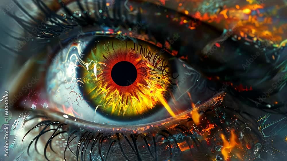 A Mesmerizing Close-Up of an Eye Reflecting Vibrant Colors and Patterns, Capturing Surreal Details in an Imaginative Artistic Composition A Mesmerizing Close-Up of an Eye Reflecting Vibrant Colors and Patterns, Capturing Surreal Details in an Imaginative Artistic Composition