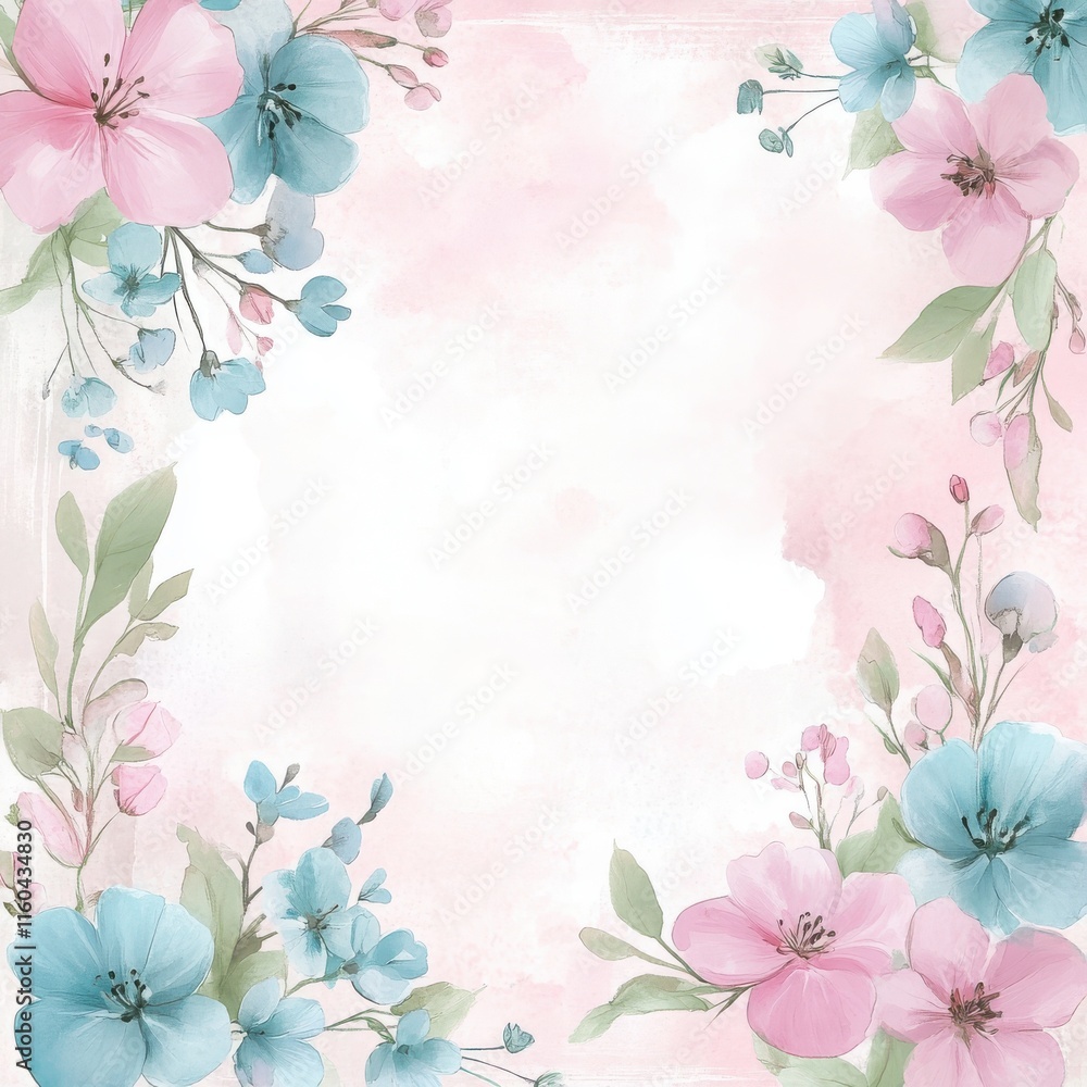 Beautiful blank page with delicate borders, pale pink and blue flowers, watercolor illustrations and blank space in digital watercolor art style, perfect for writing and creating. Beautiful blank page with delicate borders, pale pink and blue flowers, watercolor illustrations and blank space in digital watercolor art style, perfect for writing and creating.