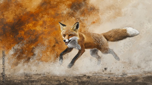 The Red Fox's Dash: A Digital Painting of a Vibrant Fox Running Through a Dusty, Orange Landscape photo