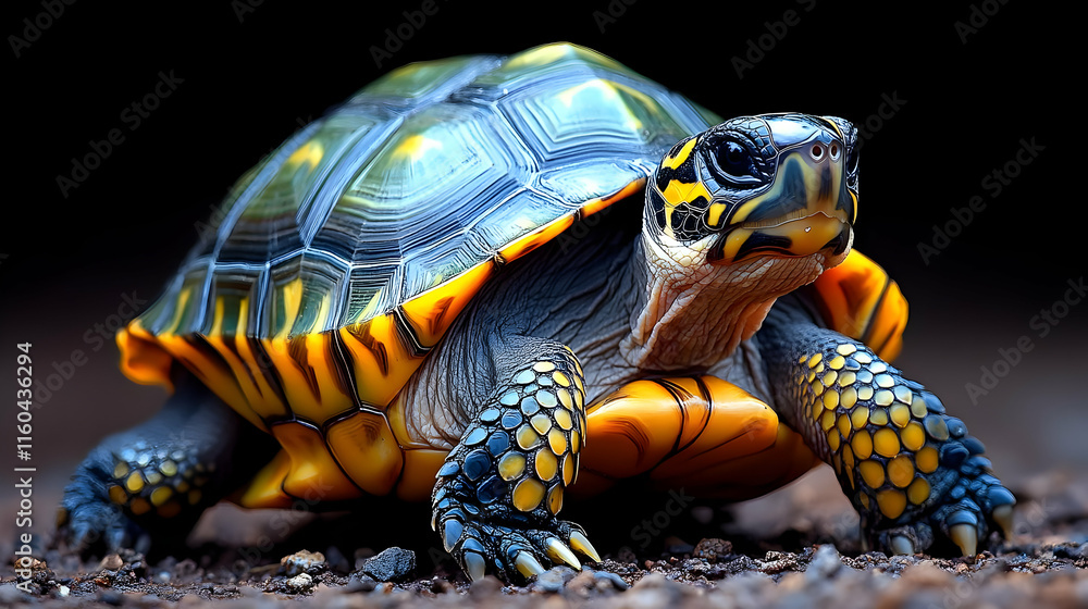 Fototapeta premium Realistic Turtle Illustration - Reptile, Shell, Wildlife, Nature, Animal, Colorful, Legs, Claws, Ground, Feet