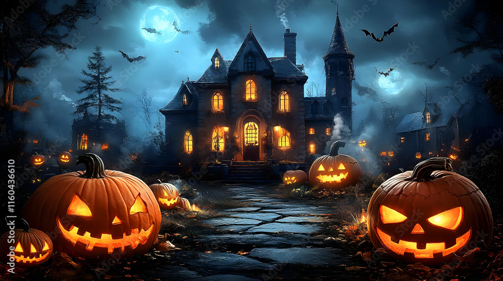 Illustration of Halloween Haunted House Pumpkins Bats Moon Night Illustration of Halloween Haunted House Pumpkins Bats Moon Night