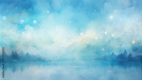 Enchanted Serene Waterscape A Dreamlike Watercolor Painting of a Tranquil Lake Reflected Under a Starry Twilight Sky