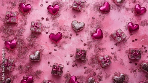 Romantic Hearts and Gifts on Pink Background for Valentine's Day