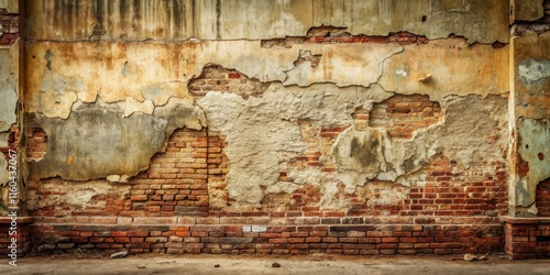 A weathered brick wall with crumbling plaster, revealing aged brickwork and a worn base.
