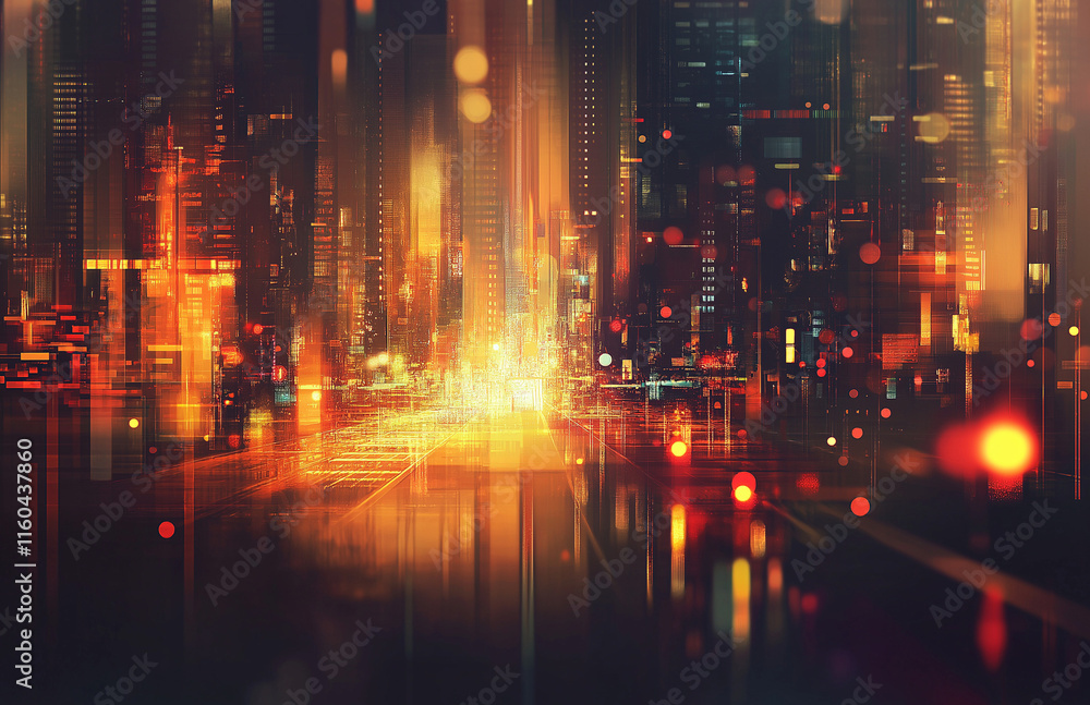 Obraz premium 4-Abstract cityscape background featuring bokeh lights and glowing neon effects on a dark red gradient. Blurry digital city elements with pixel patterns create a vibrant, high-resolution design