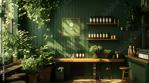Fototapeta Naklejka Na Ścianę i Meble -  3D Illustration Green Cafe Interior Design, Sunlight, Plants, Bottles