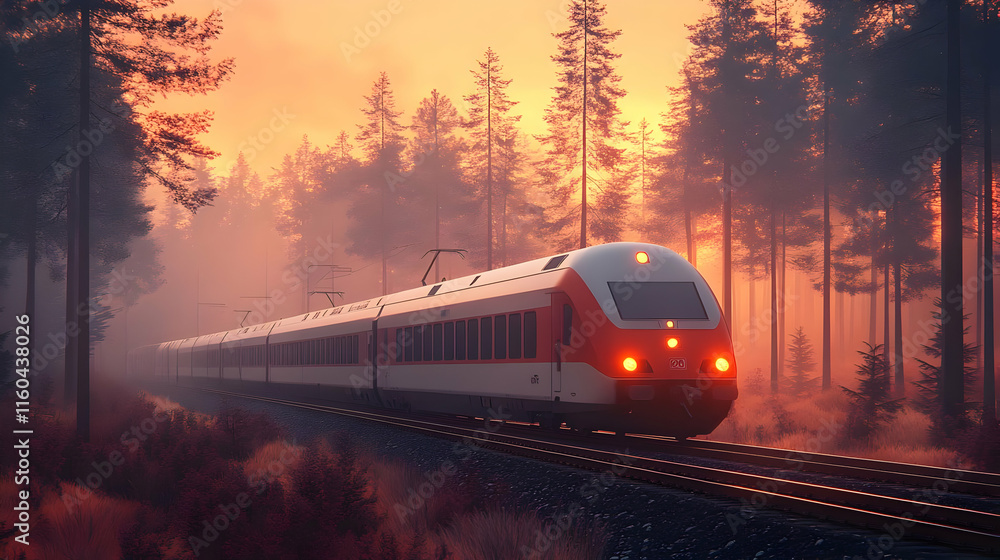 Naklejka premium 3D Illustration - Train Journey Through Misty Sunset Forest