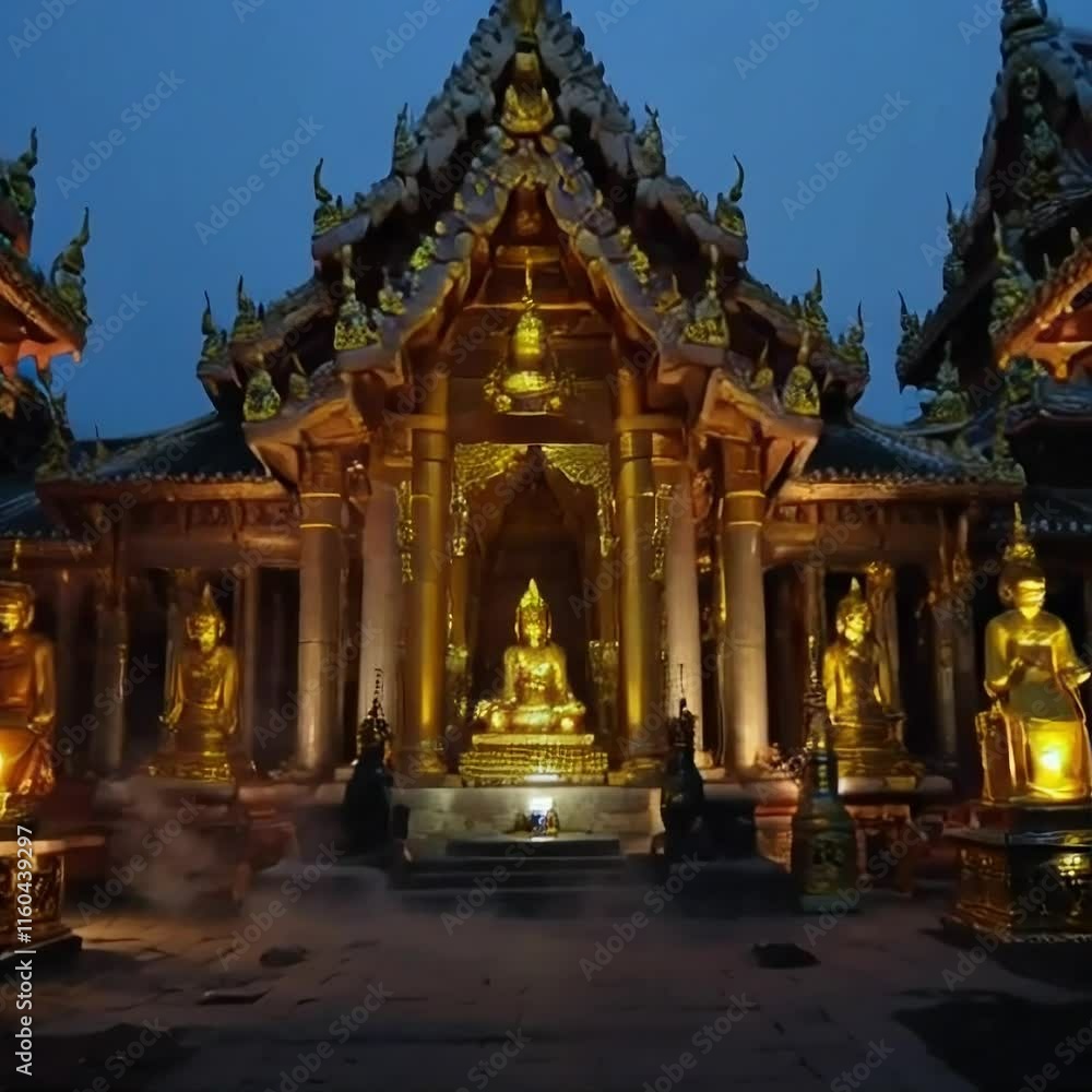 Inside a rarely visited ancient temple, golden statues and intricate carvings fill the dimly lit space; incense smoke wafts softly, adding to the mystique.
Inside a rarely visited ancient temple, golden statues and intricate carvings fill the dimly lit space; incense smoke wafts softly, adding to the mystique.