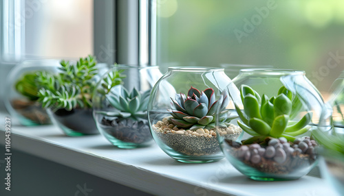 Glass florariums with different succulents on windowsill, space for text photo