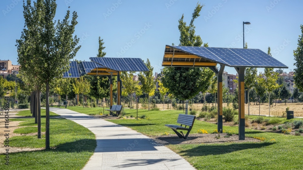 Sustainable Park Design with Solar Panels and Greenery in City Sustainable Park Design with Solar Panels and Greenery in City