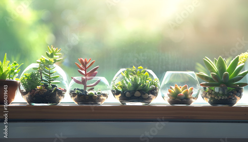 Glass florariums with different succulents on windowsill, space for text photo