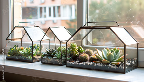 Glass florariums with different succulents on windowsill, space for text photo