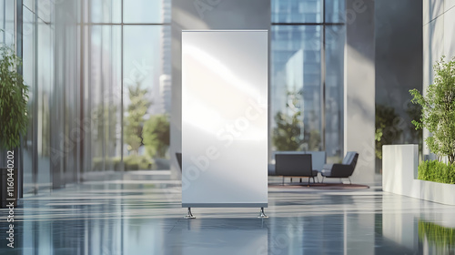 Blank pull-up banner mockup in contemporary office lobby with large glass windows