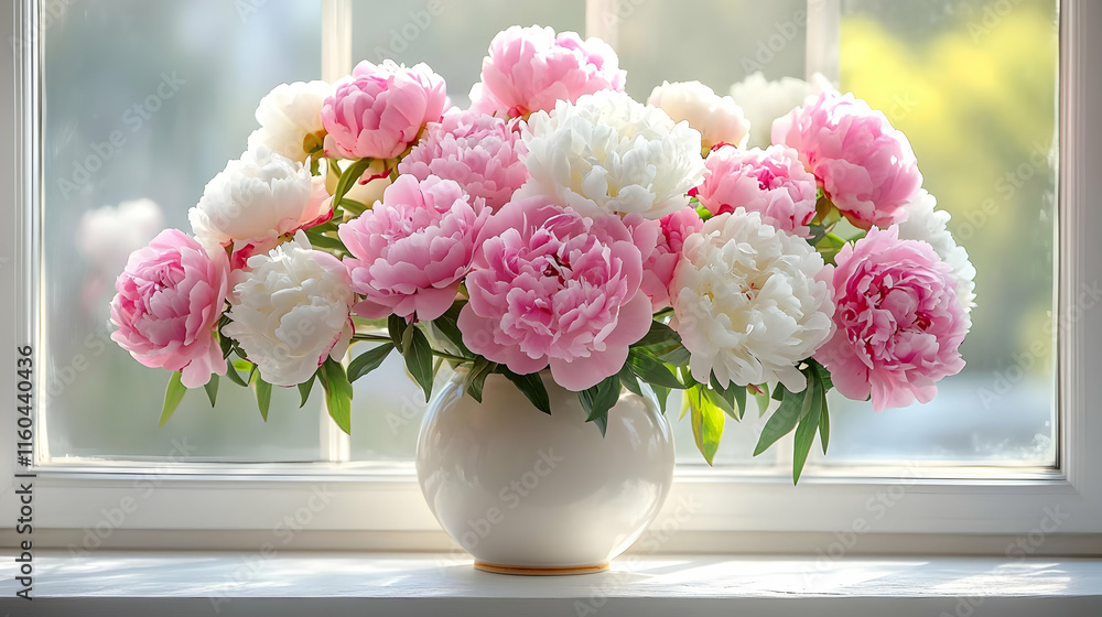 Photo Pink and White Peonies in a Vase on Windowsill Photo Pink and White Peonies in a Vase on Windowsill