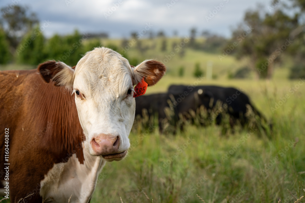 beautiful cattle in Australia eating grass, grazing on pasture. Herd of cows free range beef being regenerative raised on an agricultural farm. Sustainable farming beautiful cattle in Australia eating grass, grazing on pasture. Herd of cows free range beef being regenerative raised on an agricultural farm. Sustainable farming