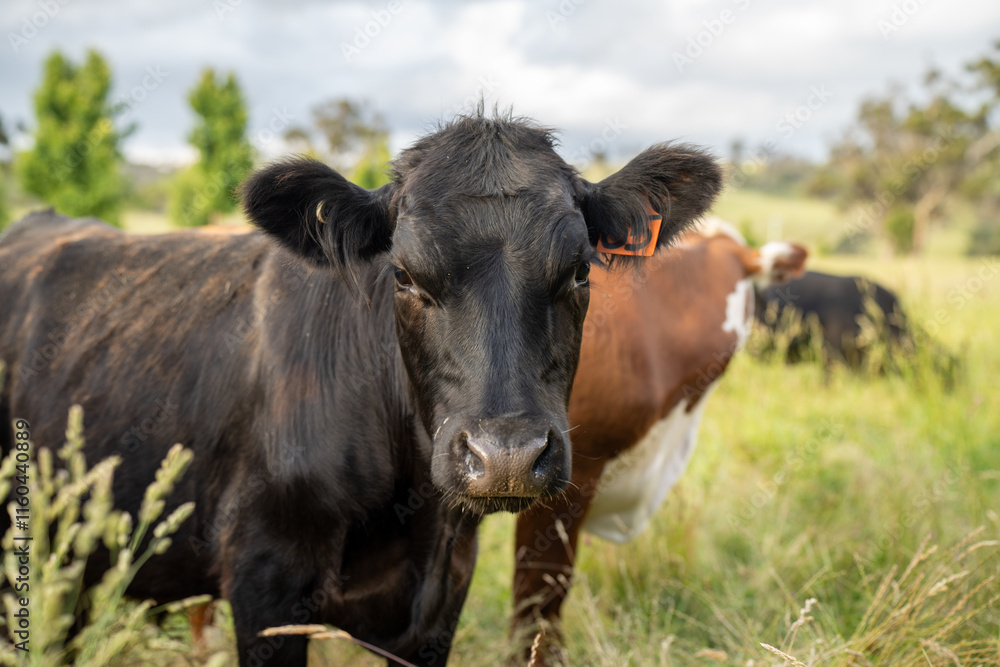 beautiful cattle in Australia  eating grass, grazing on pasture. Herd of cows free range beef being regenerative raised on an agricultural farm. Sustainable farming 
