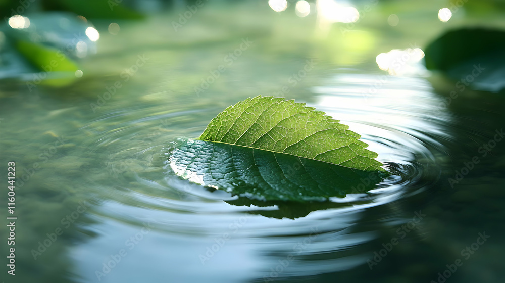 Photo Green Leaf Floating on Water Ripples Nature Background Photo Green Leaf Floating on Water Ripples Nature Background