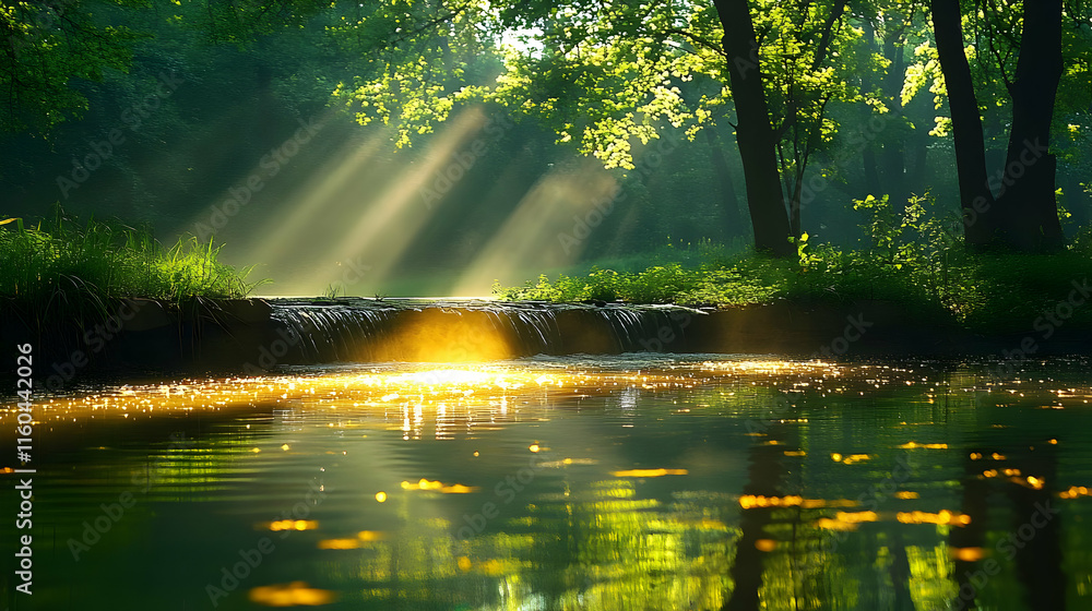 Illustration - Forest Waterfall Sunlight Nature Landscape Scenery Green Trees Water Reflection Illustration - Forest Waterfall Sunlight Nature Landscape Scenery Green Trees Water Reflection