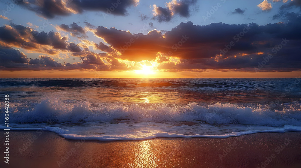 Obraz premium Photo Dramatic Golden Sunset Ocean Waves Beach Clouds Sky Seascape