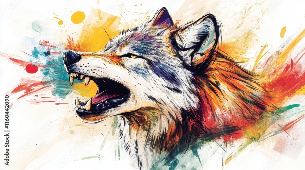 Vivid Artistic Wolf Illustration with Dynamic Color Splashes Vivid Artistic Wolf Illustration with Dynamic Color Splashes
