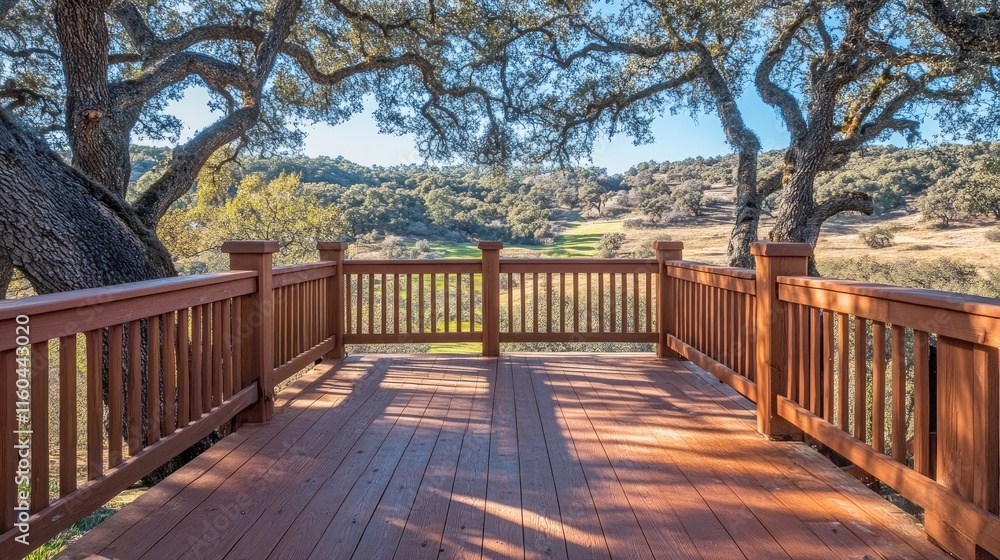 Scenic View from Wooden Deck Surrounded by Majestic Trees Scenic View from Wooden Deck Surrounded by Majestic Trees