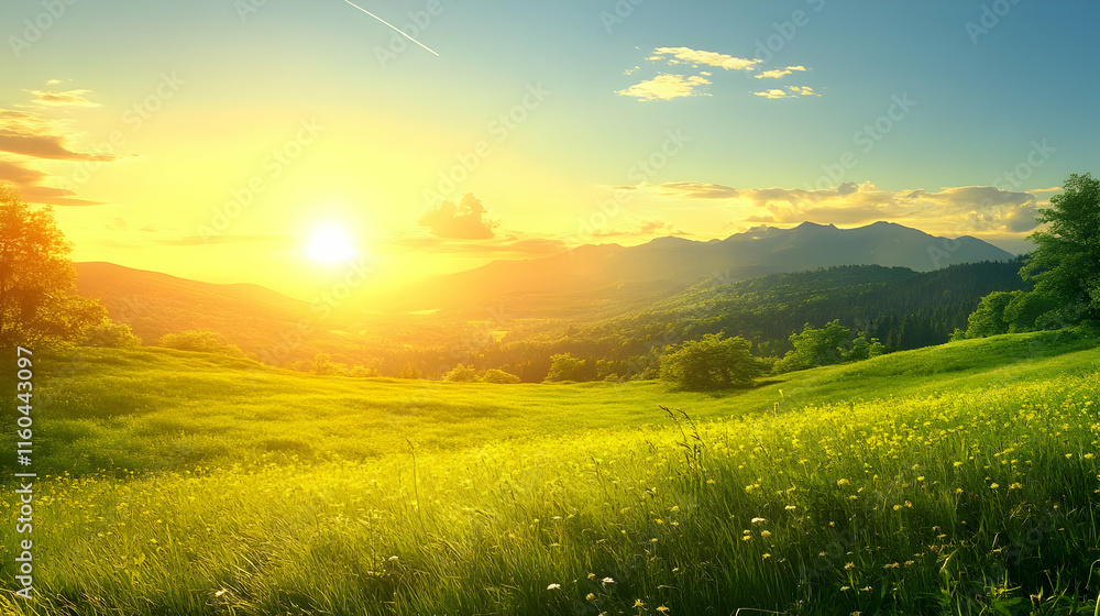 Photo - Golden Sunset over Tranquil Meadow and Majestic Mountains Photo - Golden Sunset over Tranquil Meadow and Majestic Mountains