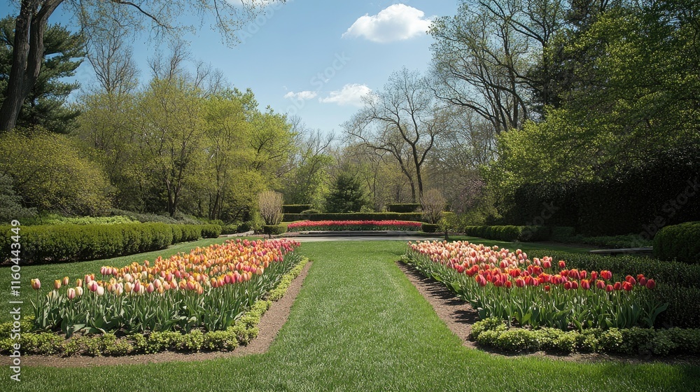Colorful Tulip Garden in Springtime with Lush Greenery and Sky Colorful Tulip Garden in Springtime with Lush Greenery and Sky