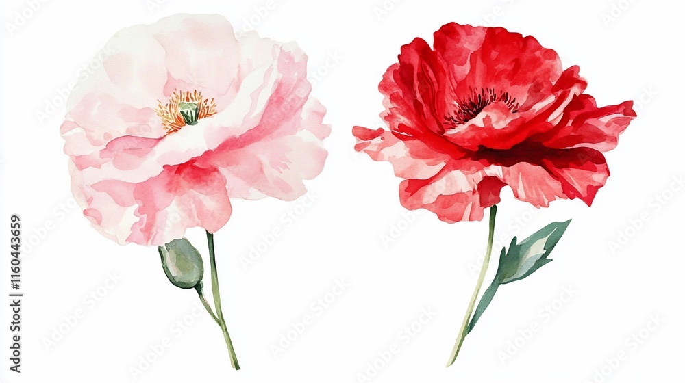 Pink and red watercolor poppies isolated on white. Pink and red watercolor poppies isolated on white.