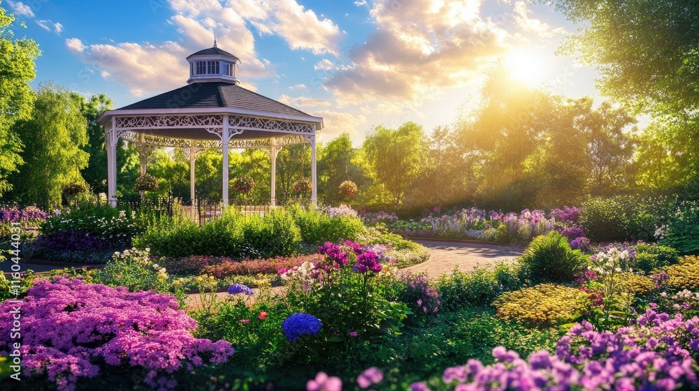 Scenic Floral Garden with Pavilion at Sunrise in Vibrant Colors Scenic Floral Garden with Pavilion at Sunrise in Vibrant Colors