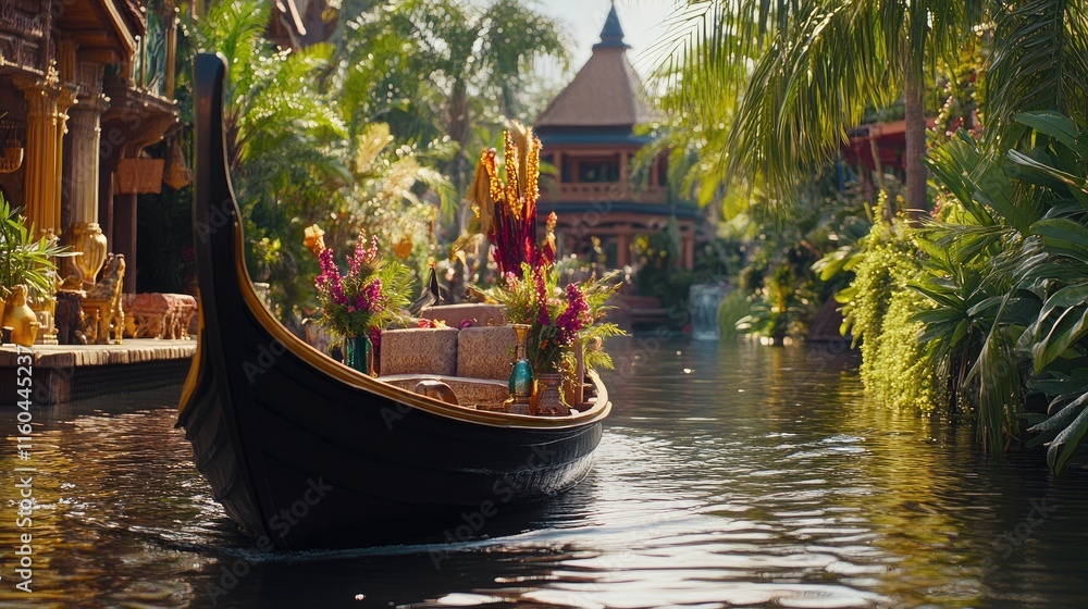 Obraz premium Serene Boat with Flowers in Lush Tropical Garden Scene