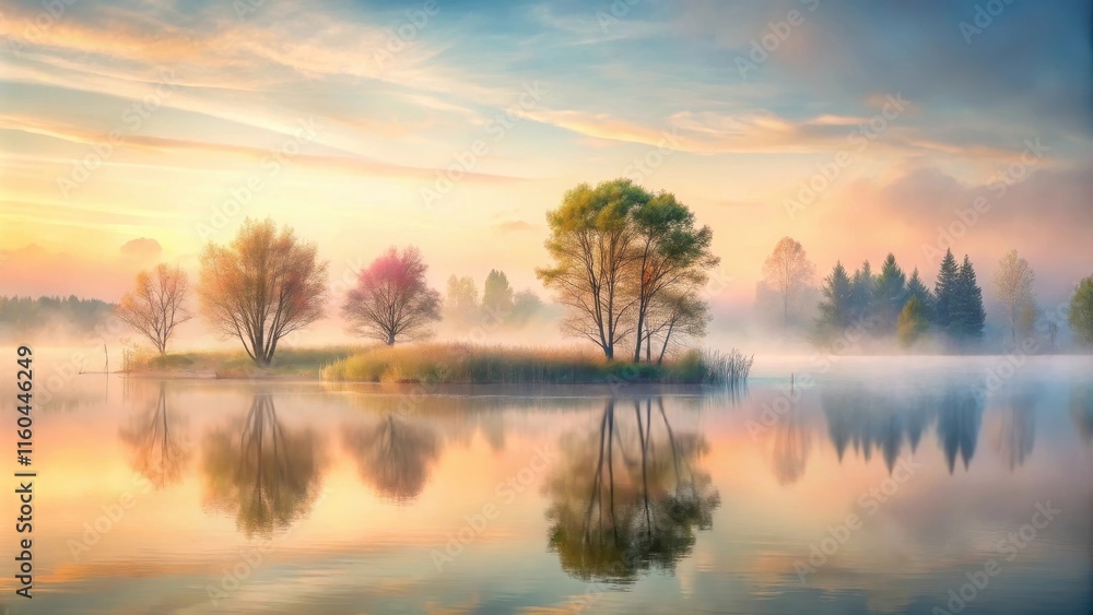 Serene Dawn Misty Lake Reflecting Colorful Trees and Tranquil Waters Serene Dawn Misty Lake Reflecting Colorful Trees and Tranquil Waters