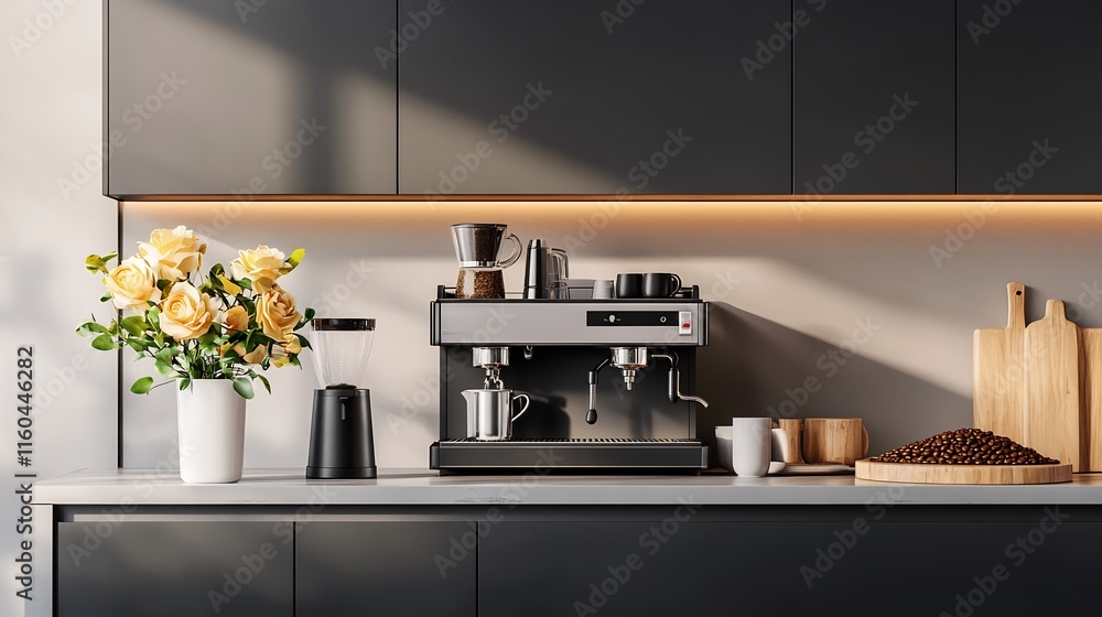 Stunning Modern Espresso Machine Photo: Stylish Kitchen Setup, Warm Morning Light. AI Generated Stunning Modern Espresso Machine Photo: Stylish Kitchen Setup, Warm Morning Light. AI Generated