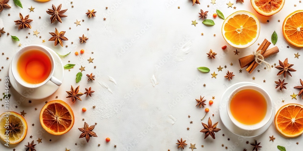 Aromatic Winter Beverage with Citrus and Spices Festive Flat Lay Aromatic Winter Beverage with Citrus and Spices Festive Flat Lay