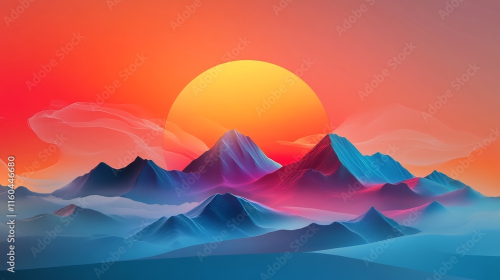 Vibrant Sunset Digital Painting: Dreamlike Mountains Glow Mysteriously. AI Generated Vibrant Sunset Digital Painting: Dreamlike Mountains Glow Mysteriously. AI Generated