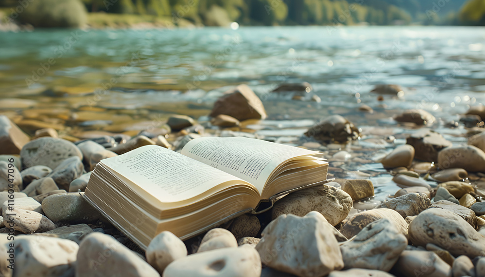 Open book on rocky shore near river Open book on rocky shore near river