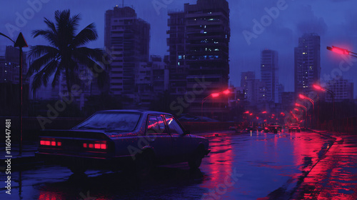 pixel art Rainy Mumbai cityscapes dusk glowing streetlight reflection wet street taxi bustling urban life vibrant 8-bit style atmospheric dynamic visual wallpaper poster illustration south asia post
