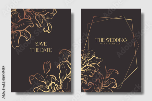 Dark brown wedding invitation with ornamental Lily flower