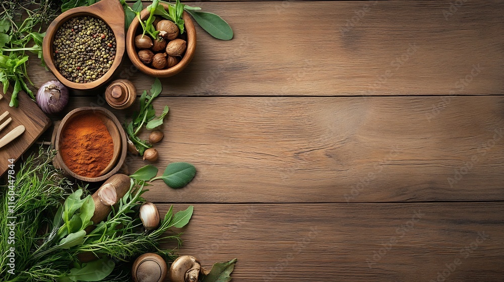Overhead Photo: Vibrant Spices and Herbs Beautifully Arranged on Rustic Wooden Background. AI Generated Overhead Photo: Vibrant Spices and Herbs Beautifully Arranged on Rustic Wooden Background. AI Generated