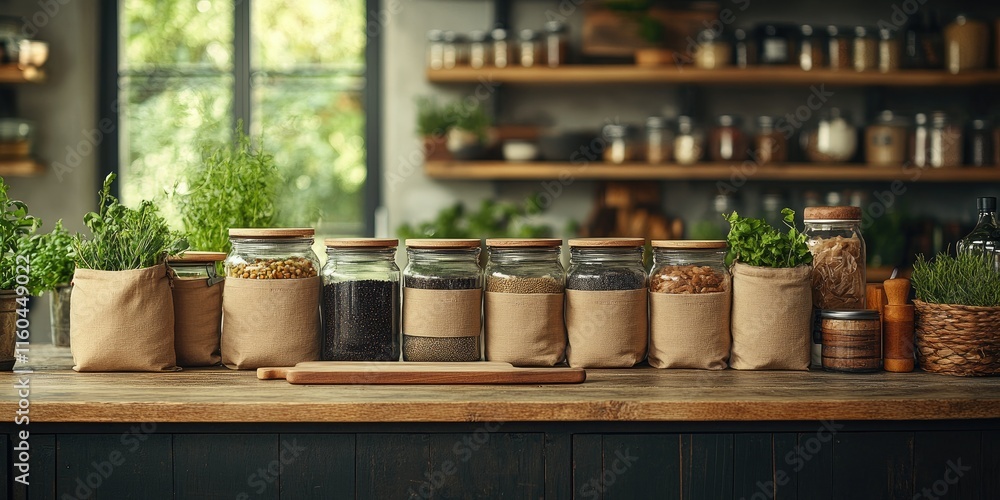 Rustic kitchen setting features jars of herbs on a wooden shelf, offering an elegant blend of textures. Rustic kitchen setting features jars of herbs on a wooden shelf, offering an elegant blend of textures.