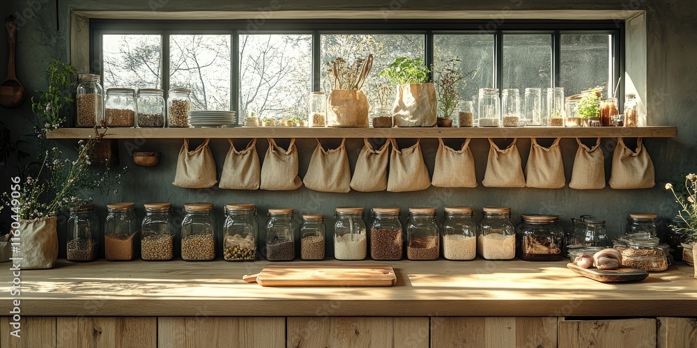 A rustic kitchen offers a row of transparent jars, conveying a sense of order and minimalist design. A rustic kitchen offers a row of transparent jars, conveying a sense of order and minimalist design.