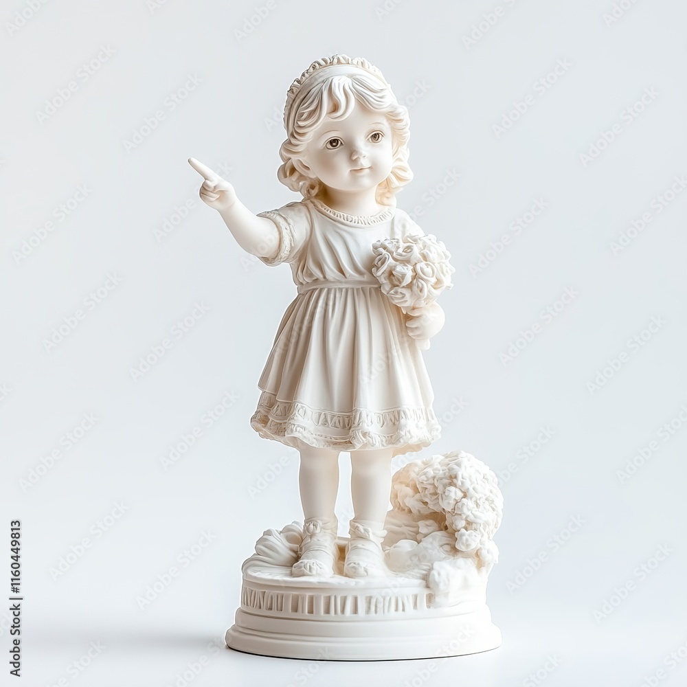 Naklejka premium Greek-style statue of a little girl on a stand, pointing fingers, isolated on white background