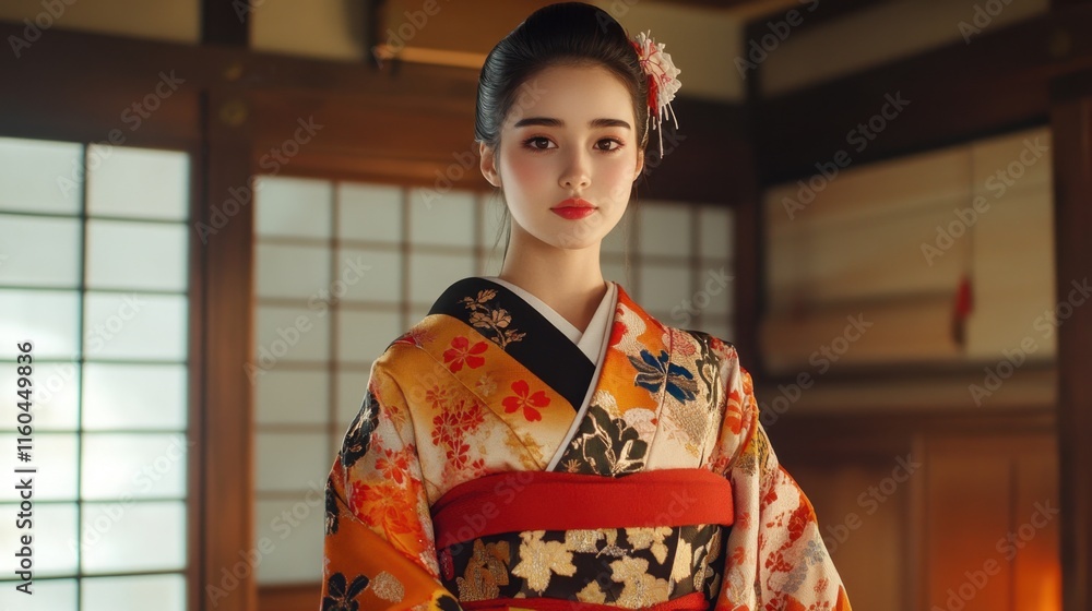 Elegant Young Woman in Traditional Kimono in Japanese Interior Elegant Young Woman in Traditional Kimono in Japanese Interior