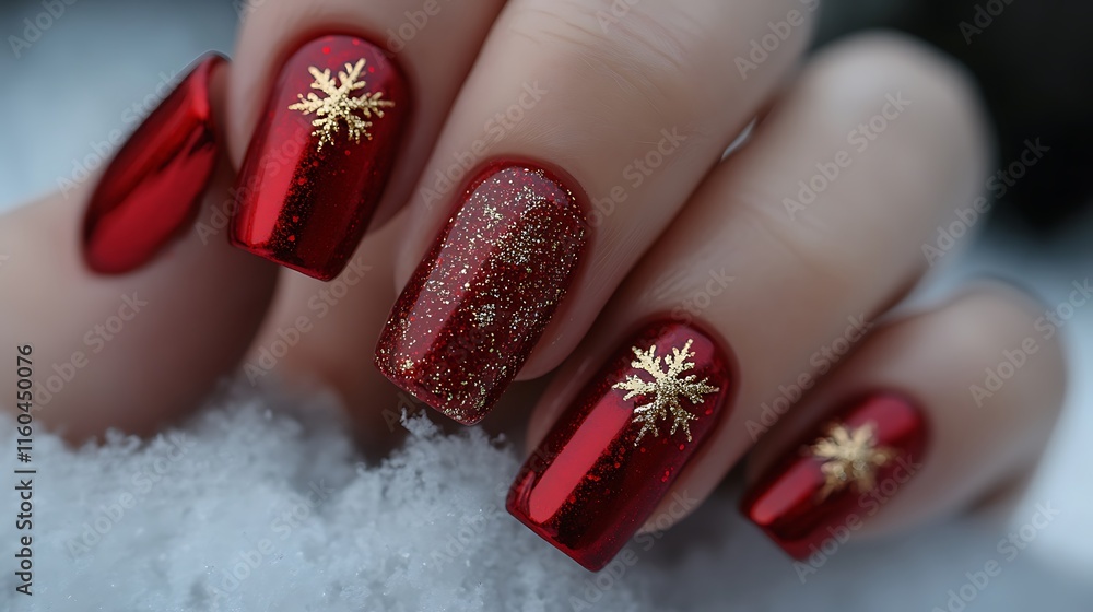 Red glitter nails white snowflake design high resolution hd picture Red glitter nails white snowflake design high resolution hd picture