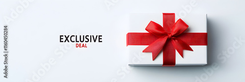 A white gift box with a red ribbon and bow, accompanied by the text 