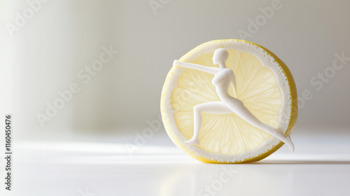 Dynamic fitness figure carved from a lemon slice. Beauty is in healthy lifestyle. Minimal concept with copy space.