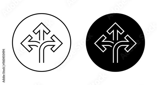 Three way direction arrow outline icon on black circle. Triple arrows sign symbol