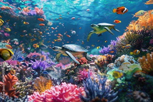 Fototapeta Naklejka Na Ścianę i Meble -  colorful coral reef with many fishes and sea turtle