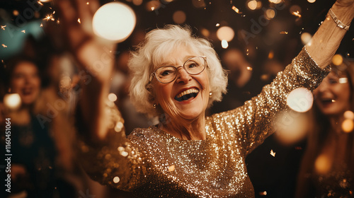 Joyful elderly caucasian female, woman celebrating with sparkling lights at a festive event photo