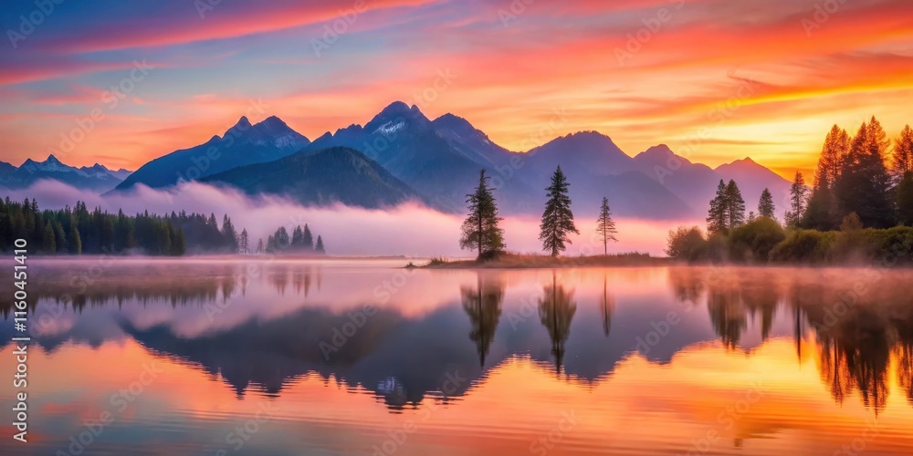 Fototapeta premium Serene Sunrise Over Misty Lake and Majestic Mountains Reflecting in Calm Waters