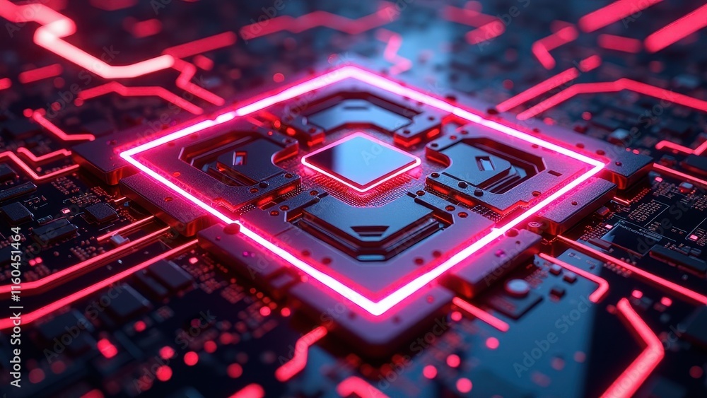 Futuristic High-Tech Circuit Board With Glowing Red Neon Lights Technology
Futuristic High-Tech Circuit Board With Glowing Red Neon Lights Technology